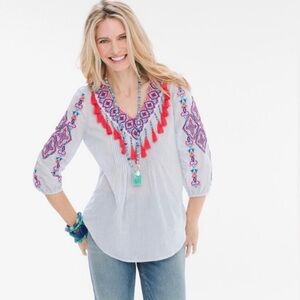 Chico's Gray and White Embellished 3/4 Sleeve Blouse